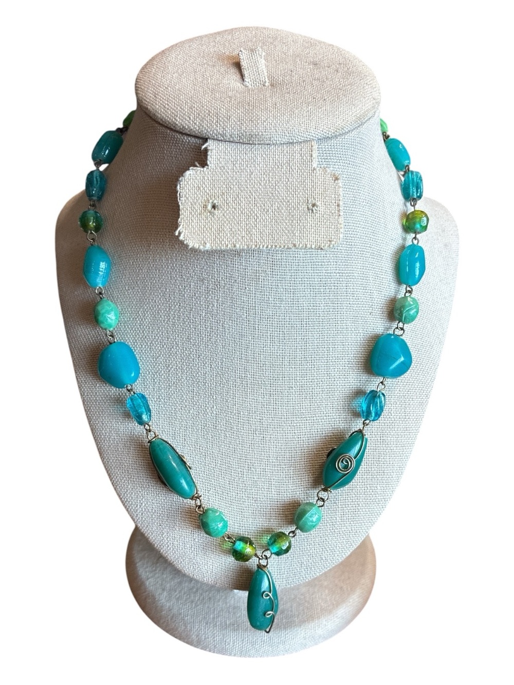 Turquoise & Green Beaded Wire Scrollwork Statement Necklace